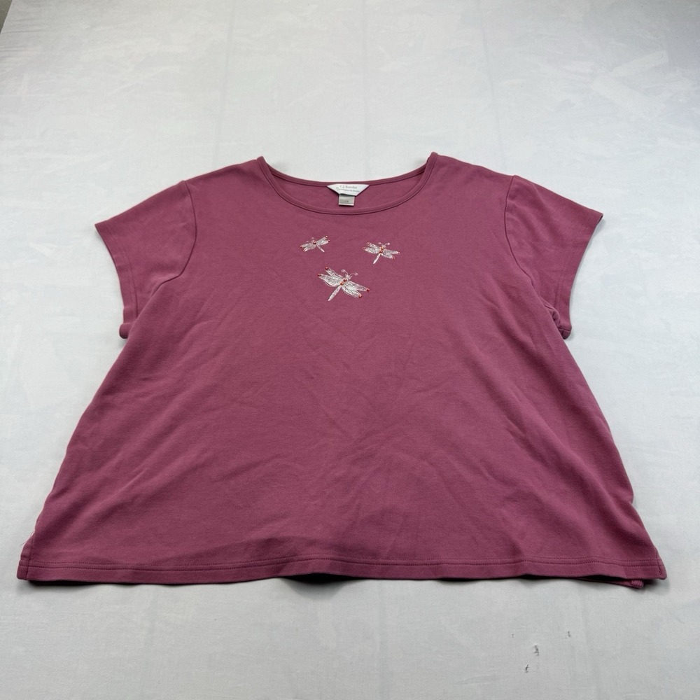 CJ Banks Womens 1X Pink Dragonfly Embroidered Short Sleeve T Shirt
